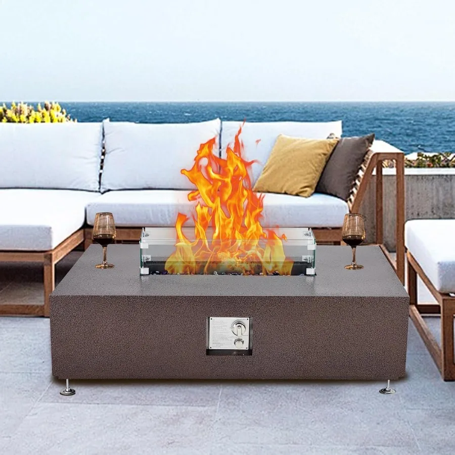 

48 Inch Rectangular Propane Fire Pit Table with CSA Certification 50 000 BTU Outdoor Fireplace Featuring Wind Guard Glass Prote