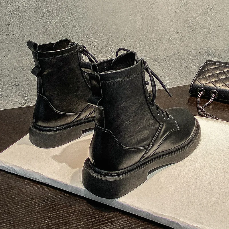 2023 NEW Women's Winter Boots Punk Shoes Black Platform Ankle Boots Motorcycle Boots Leather Lace-up Bright Boots Botas Mujer