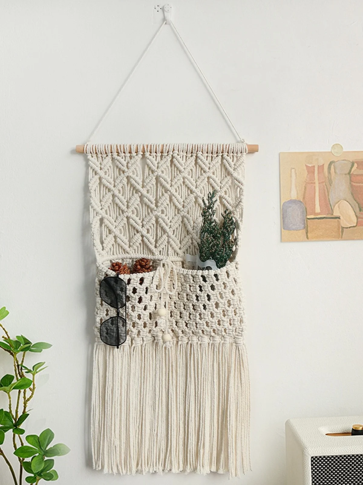 Nordic Handwoven Wall Hanging Storage Bag Home Decor Room Flower Shop Organizer Rectangular Geometric Pattern Cotton Wall Tap...