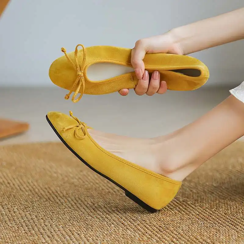 Krazing Pot New Sheep Suede Round Toe Women Summer Modern Street Wear Sweety Ballet Dancer Shallow Butterfly-knot Colorful Flats