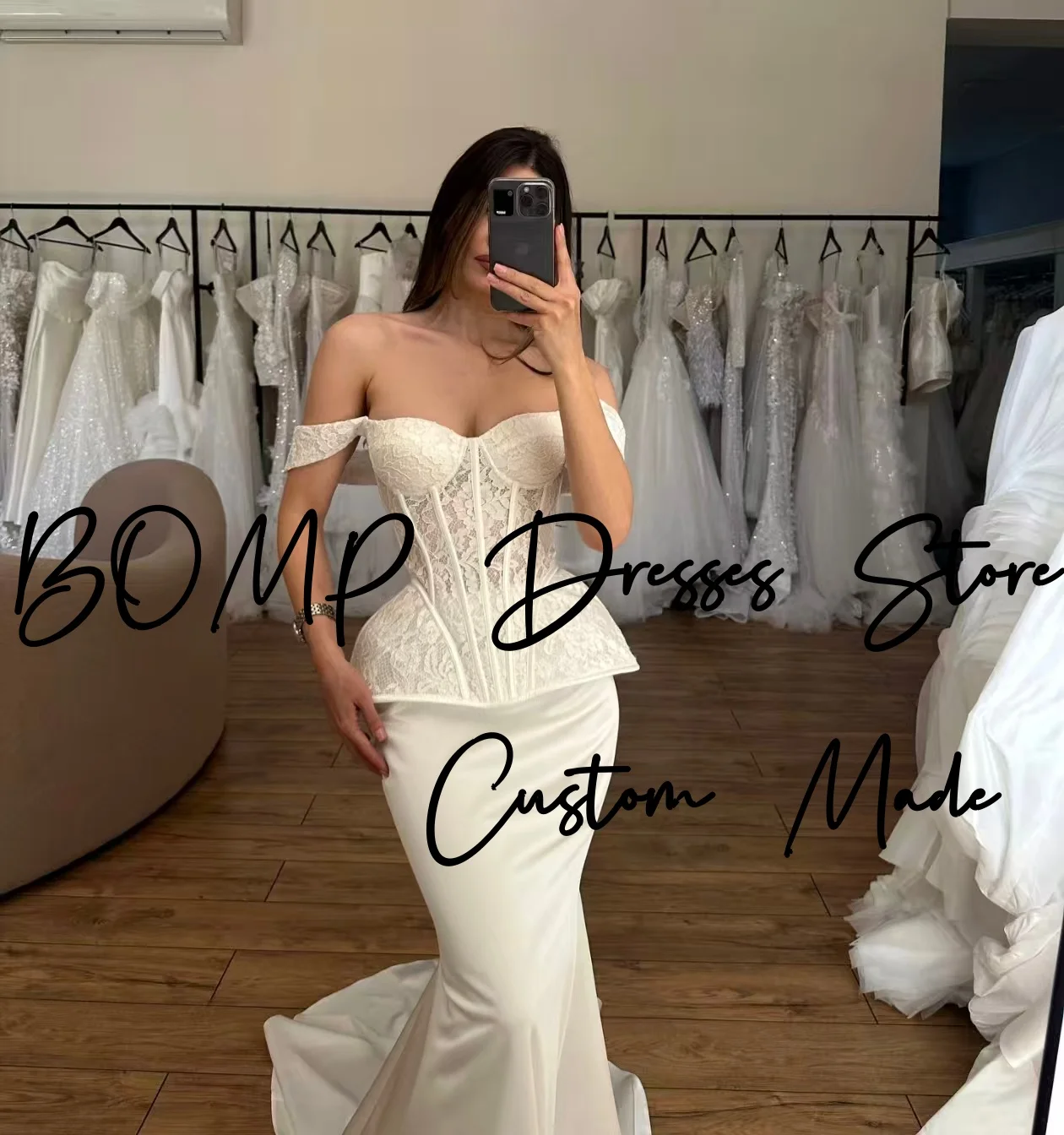 BOMP elegante witte avondjurken off-shoulder kanten korset zeemeermin sweep trein ivoor satijnen bruiloft feestjurk op maat