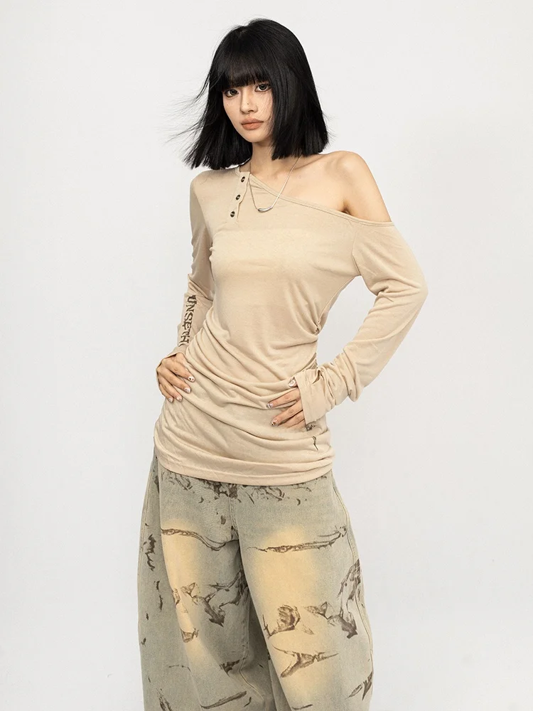 

OCTTFLAB American Sle Hot Girl Diagonal oulder Svel T-irt Women Slim Fit Long Sve Cover up Top Trendy