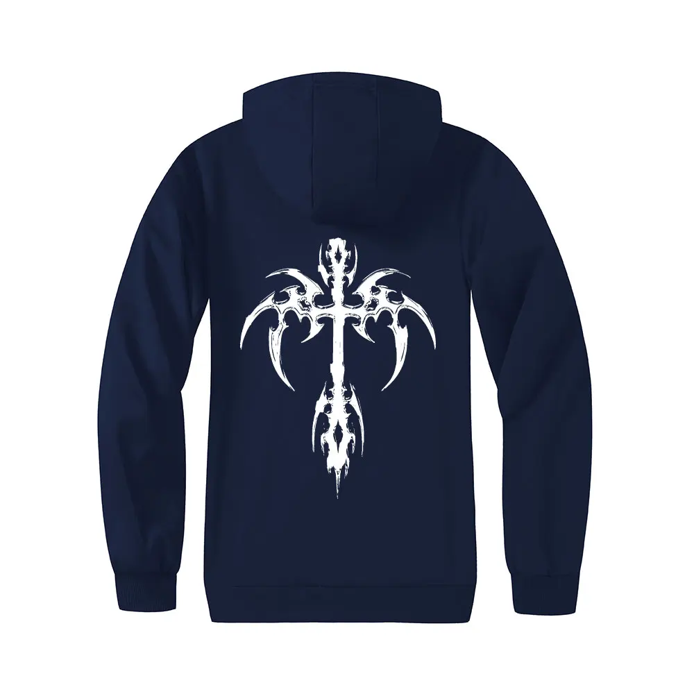 سترة سميكة للرجال بسحاب مبطن بالصوف سترات بغطاء للرأس مطبوعة بأجنحة متقاطعة مقاومة للرياح للخريف والشتاء سترة بقلنسوة #4