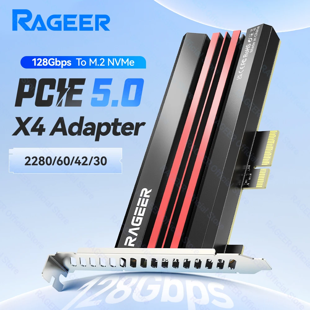 RAGEER PCIe 5.0 M.2 NVMe 어댑터-128Gbps 대역폭, 2280/60/42/30 SSD와 호환, PCIe 4.0/3.0/2.0과 호환