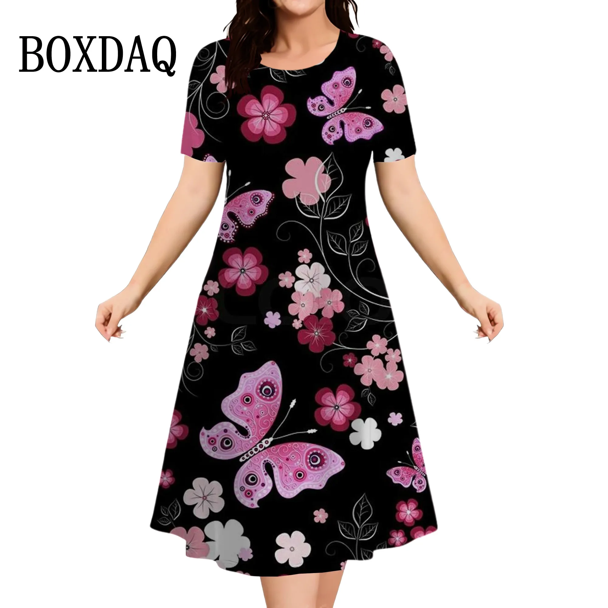 

Summer Woman Clothing Dresses Bufferfly Short Sleeve Mini Dress 3D Flower Retro Plus Size Loose Clothing Round Neck Pullover 6XL