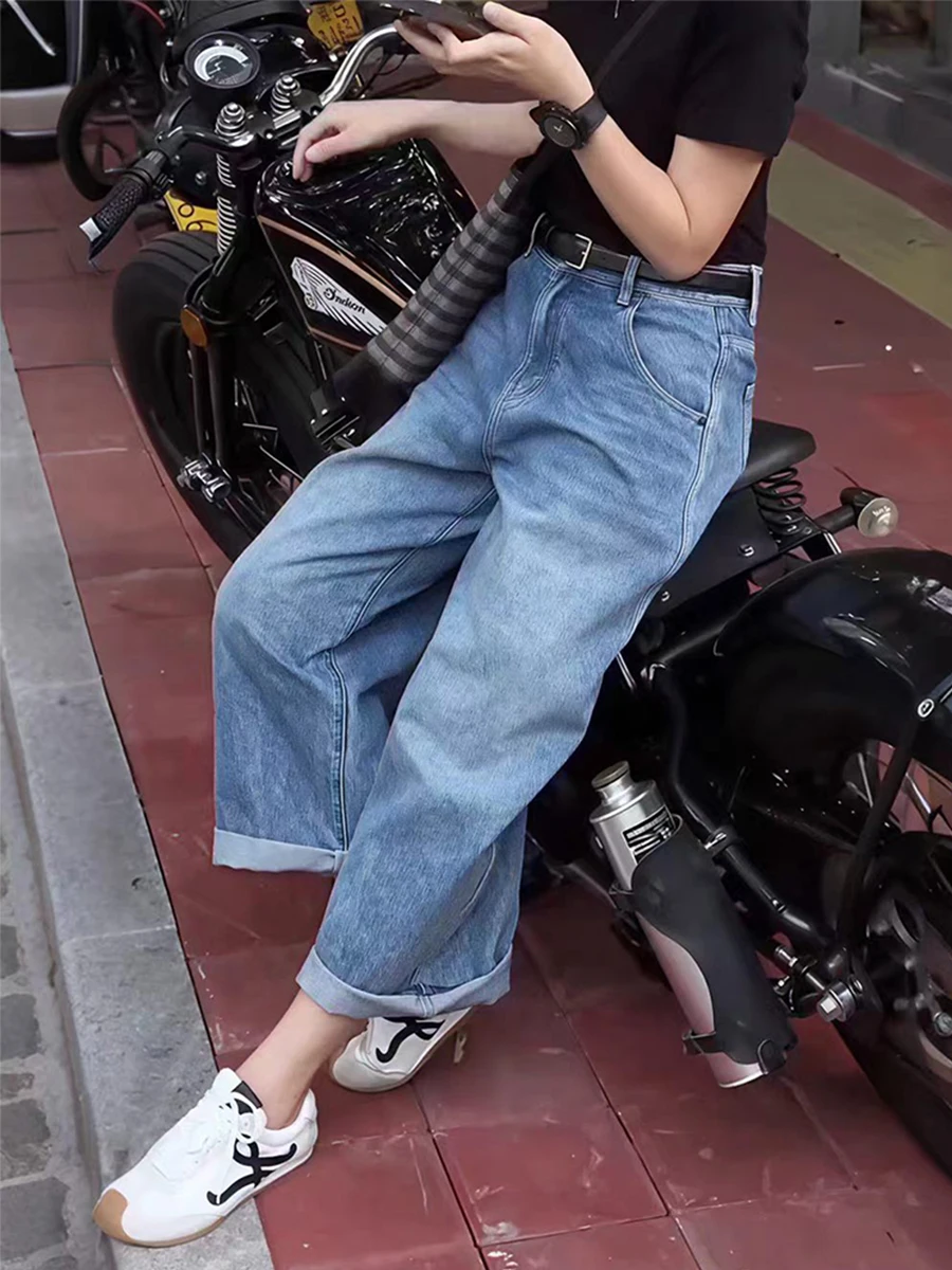 Loose High Waist Blue Denim Jeans Women's Autumn plus Size Small Figure Flattering Straight Leg Wide Leg Pants Vintage Style