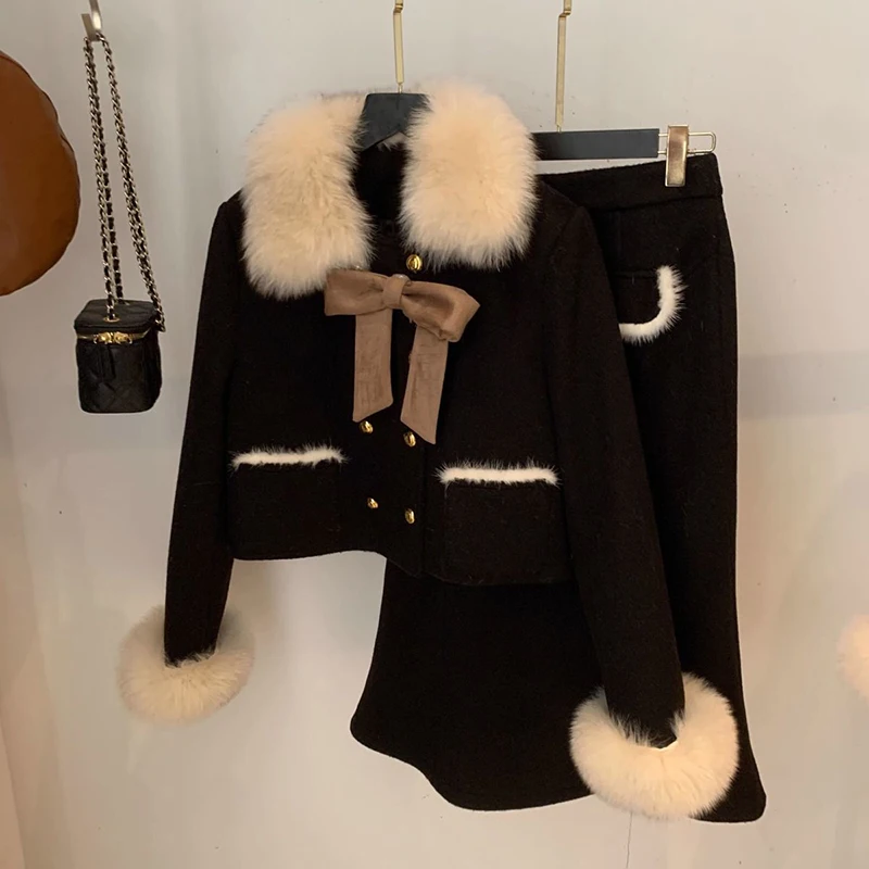 Spring Fur Collar Down Jacket Half Skirt Two-piece Set Rich Heiress Warm Down Fur Jacket with a Line Half Skirt for Women