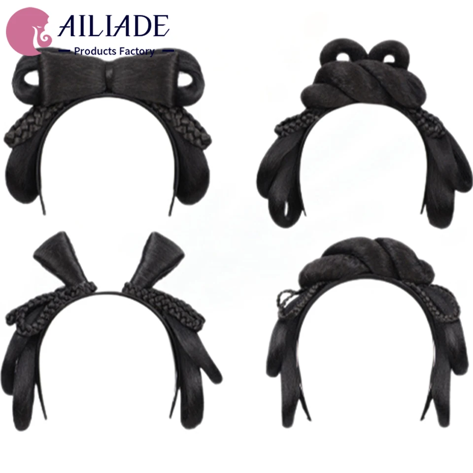 

AILIADE Chinese Traditional Retro Hair Chignon Synthetic Black Fake Hair Bun Ancient Fairy Princess Hair Band Hanfu Cosplay Wig