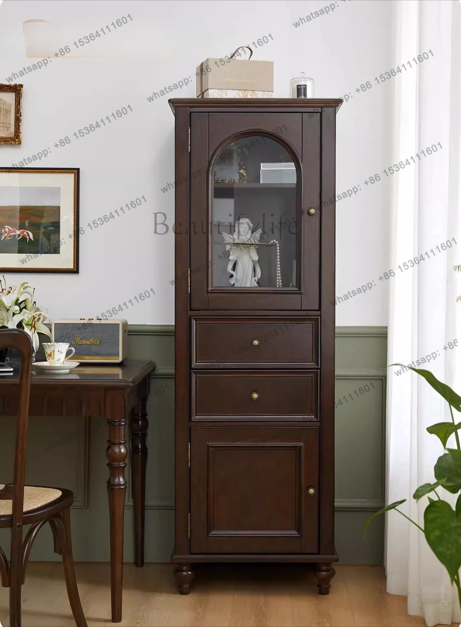 

American solid wood high cabinet living room retro rural simple display dining room multi-drawer cabinet