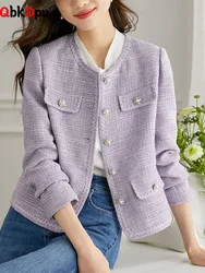 Korean Design O-neck Tweed Woolen Jackets Women Elegant Single Breasted Wool Blend Tops Coats Spring Fall Long Sleeve Abrigos