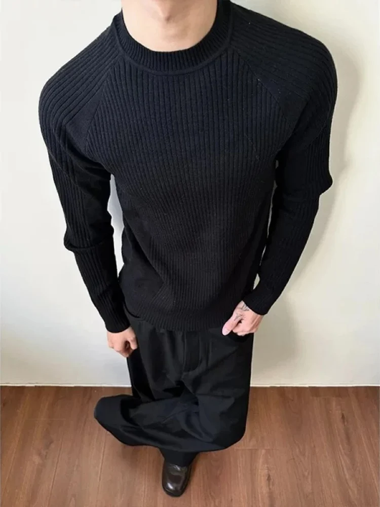 American Style Texture Knitted Long Sleeve Men's Sweater Fitness Sporty Slim Fit Base Shirt Casual Style round Neck Warmth