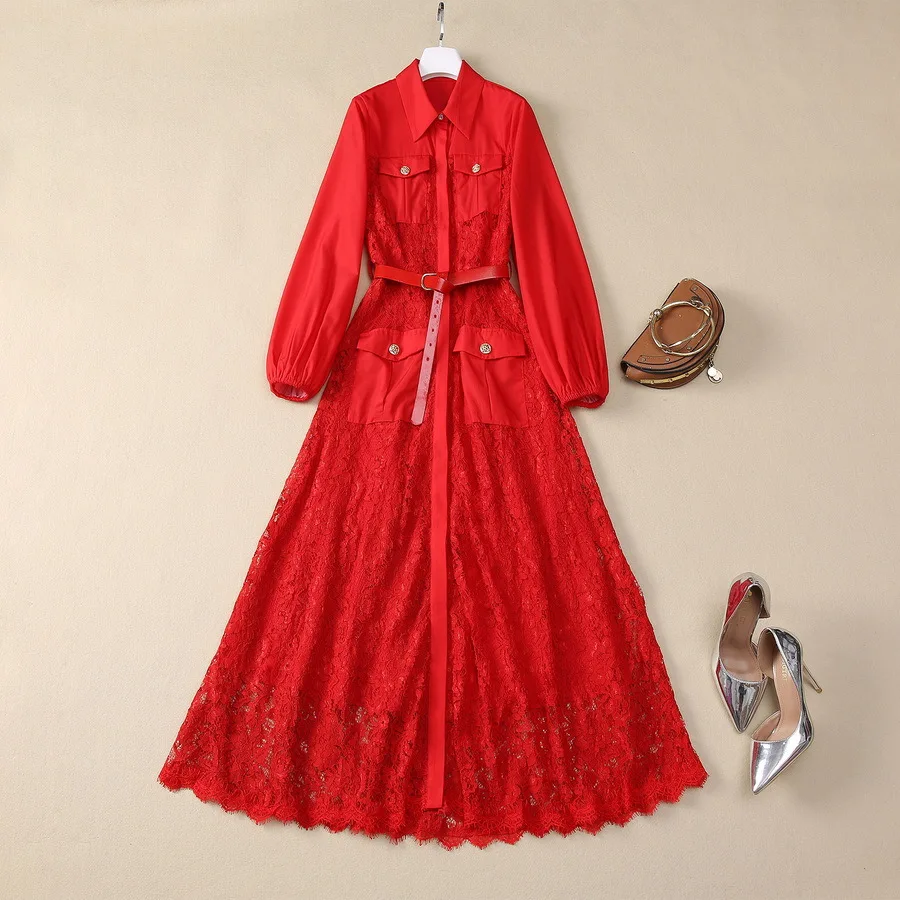 

European and American women's clothing 2024 fall new Long sleeve lapel pocket patchwork lace fashion Pleated dress with belt XXL