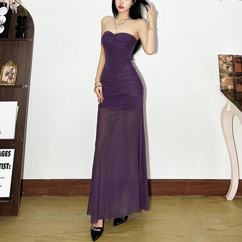 فستان شبكي طويل أنيق للنساء، فستان ضيق شفاف بطول متوسط، حافة منسدلة، إصدار جديد للشتاء، صناعة صينية