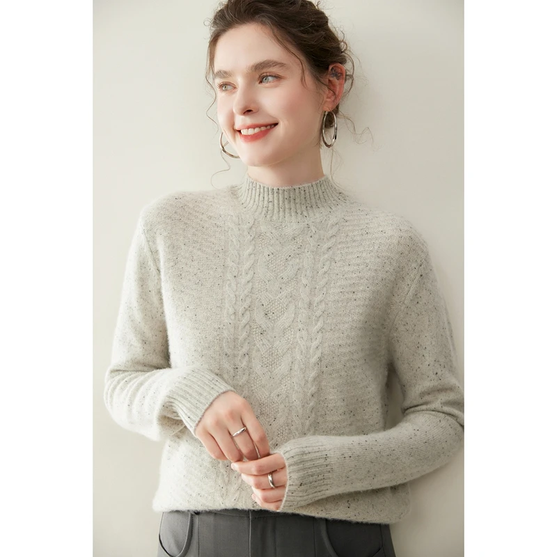 Sweter damski ze 100% kaszmiru, golf, żakardowy, pulower, jesień-zima, gruby, dzianina w warkocze, włóczka w kropki, odzież kaszmirowa, top.