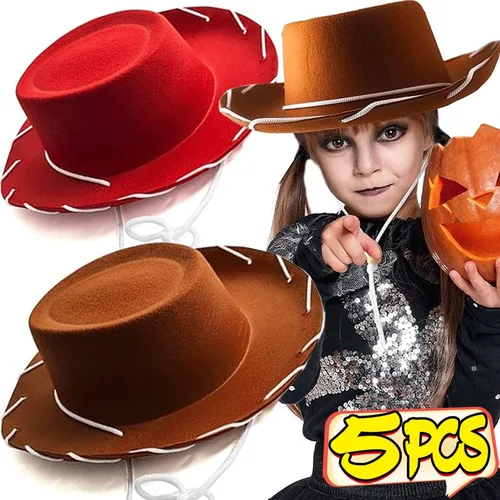 Imagen 1 del producto 1/5 Uds. Sombrero de vaquero Woody de fieltro marrón y rojo para niños gorra de vaquero de ala grande occidental ajustable deportes al aire libre escalada en el desierto