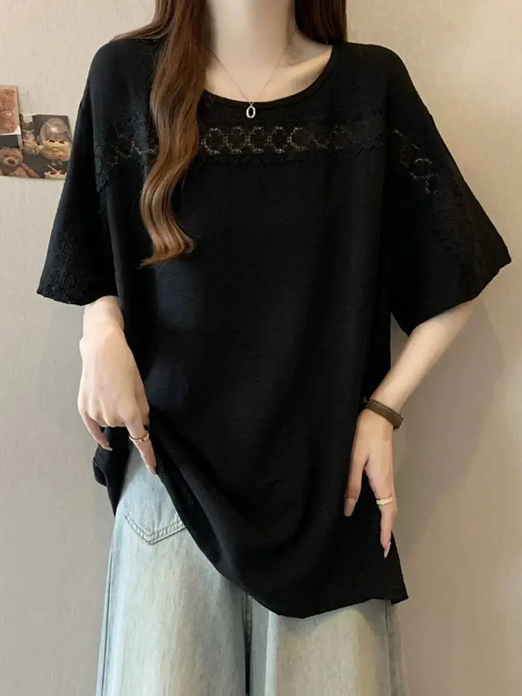 100KG PLUS ขนาดลูกไม้แขนสั้นเสื้อชีฟองผู้หญิงฤดูร้อนหลวมและขี้เกียจสไตล์เสื้อยืด TOP