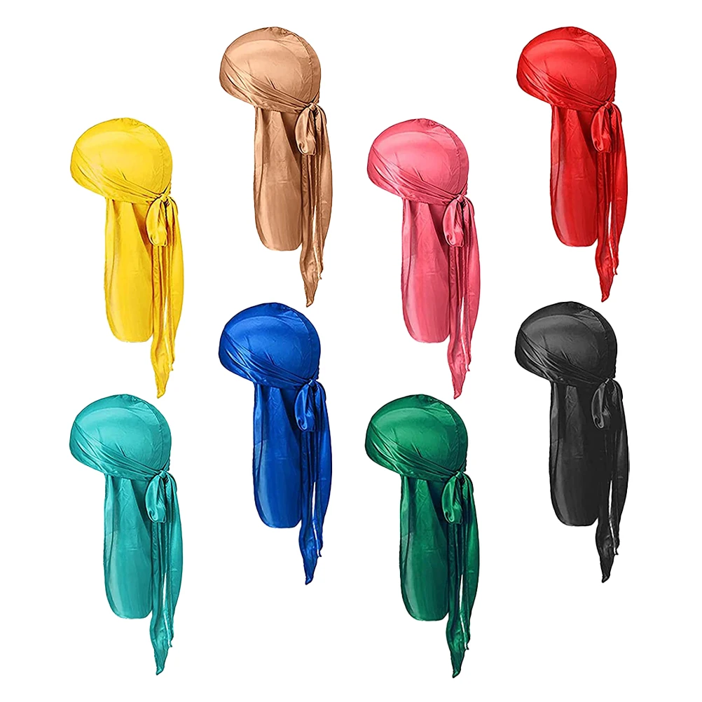 

8Pcs Silk Satin Durag Long Tail Head Wrap Stretchy Cap Women Turban Pirate Style Hair Waves Breathing Comfortable