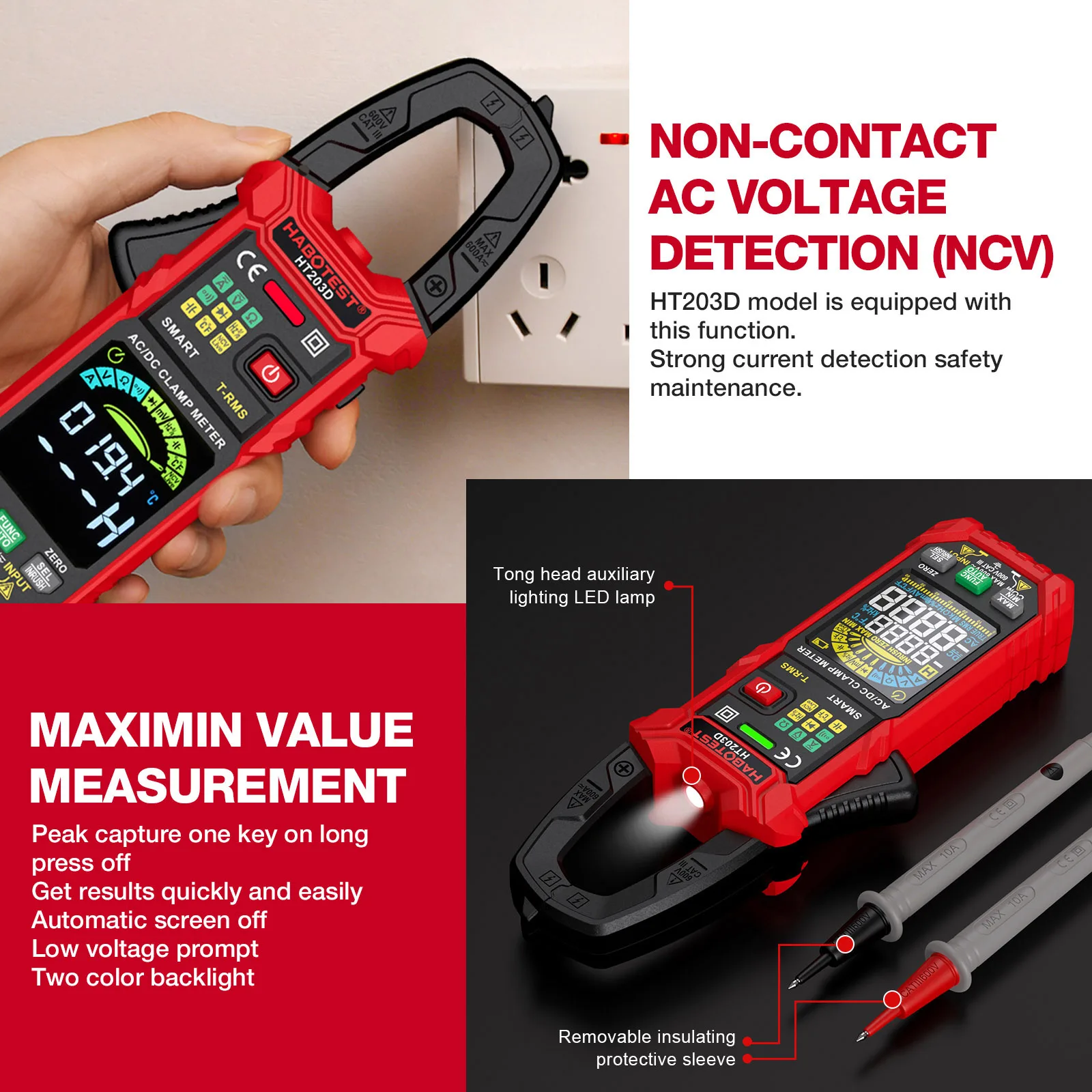 HABOTEST HT203D Digital Clamp Meter Multimeter AC Current and AC/DC Voltage Tester with Amp Ohm Continuity Hz Tester Voltmer