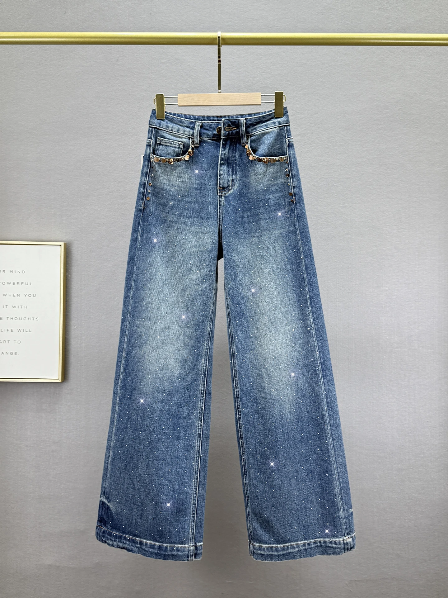 

European Sle Glitter Denim High Waist Wide Leg Pants Women's Faionable Slimming Extended Length Autumn Season Jeans