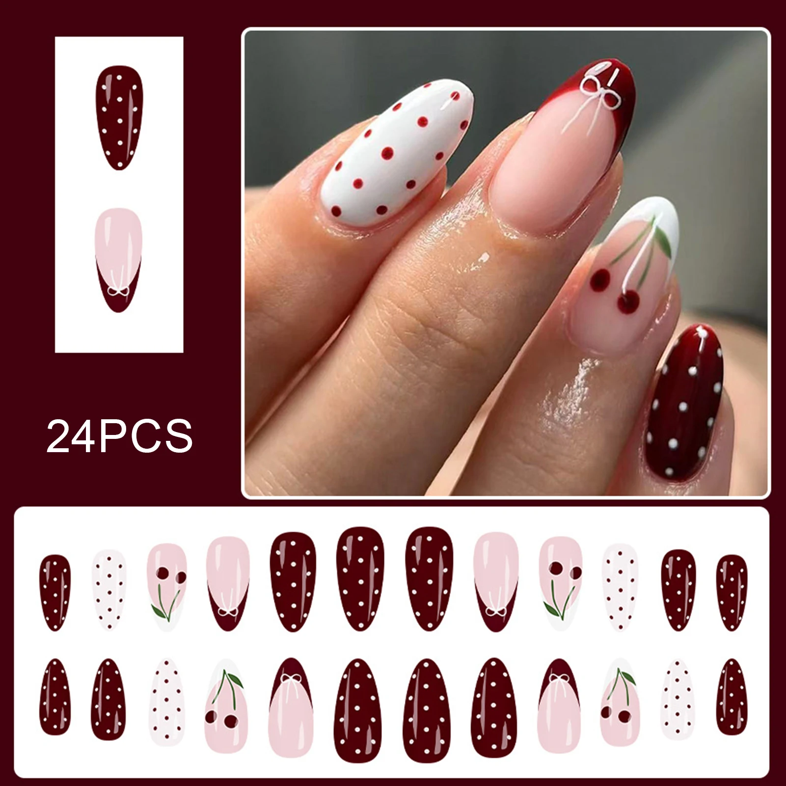 Faux ongles en forme d'amande rouge vin, 24 pièces, avec motifs à pois/nœud papillon/cerise, à pression française, pour femmes et filles, manucure à breloques du nouvel an