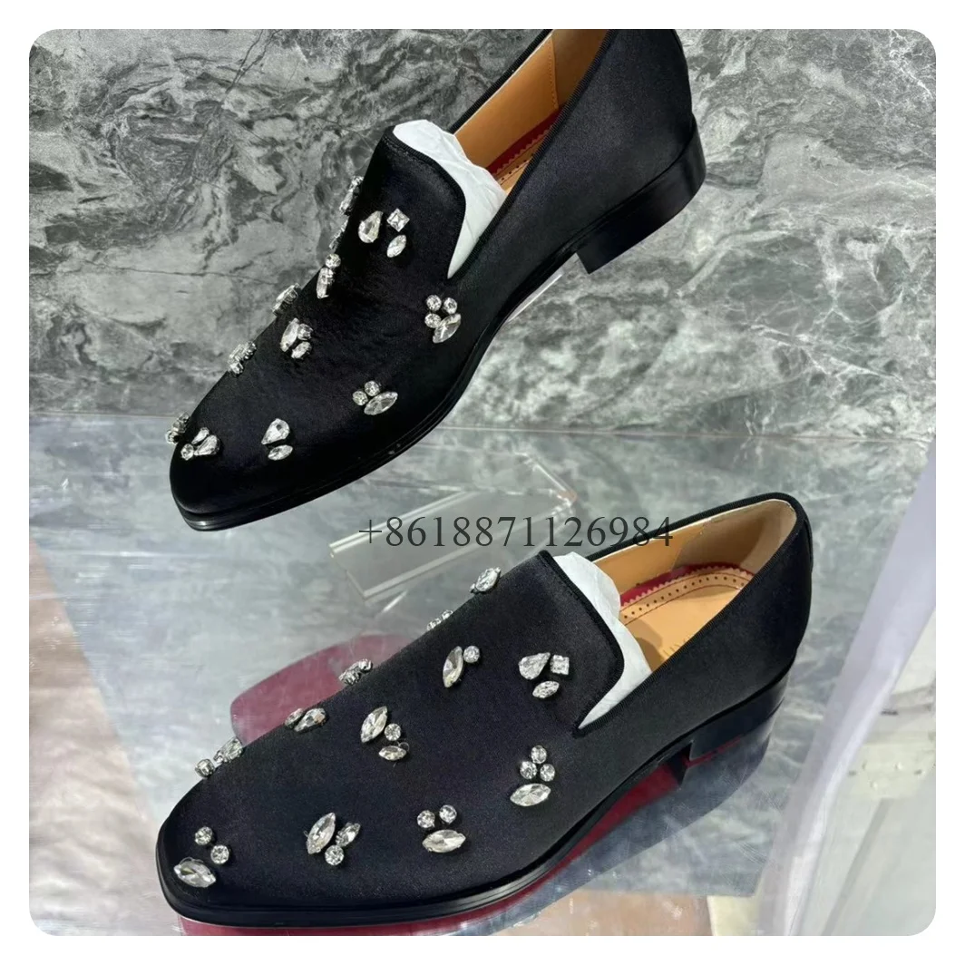 Classic Style Bling Rhinestone Black Round Toe Men Leather Shoes Chunky Low Heels Slip On Design Large Size Wedding Shoes