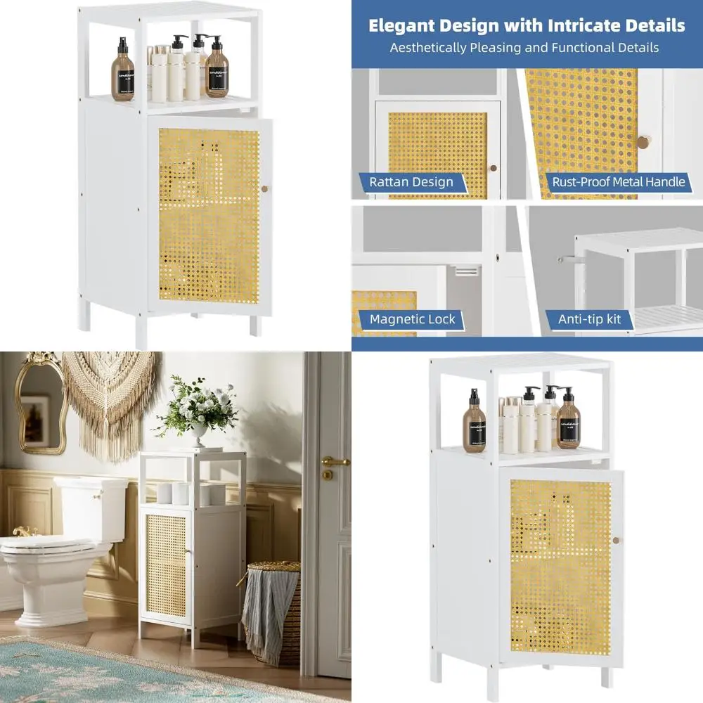 Armário de Banheiro de Bambu Branco Independente com Portas de Rattan para Espaços Pequenos