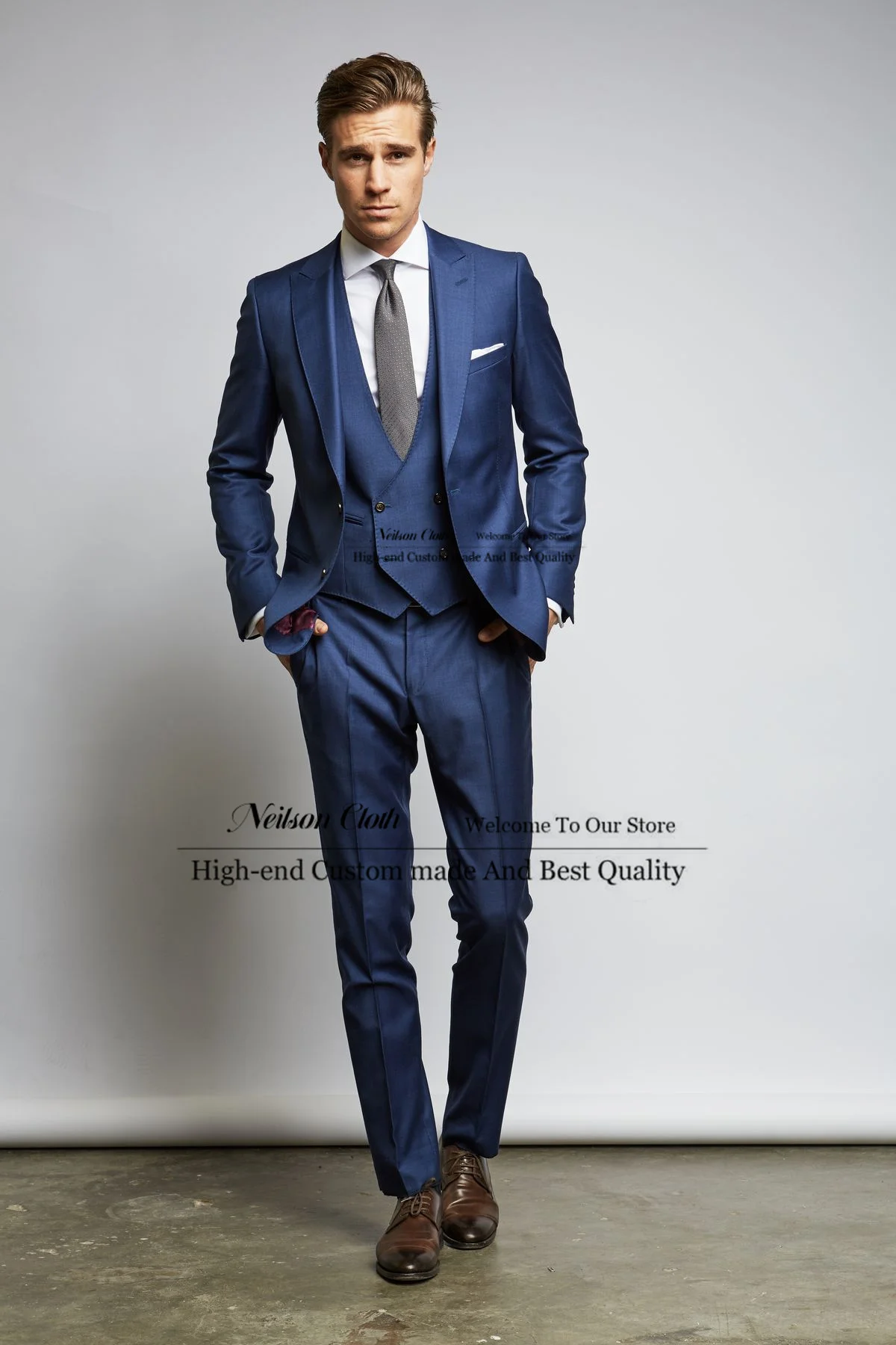 

Slim Fit Blue Male Prom Blazers 3 Pieces Sets Peaked Lapel Groom Wedding Tuxedos Groomsmen Customized Terno Masculino