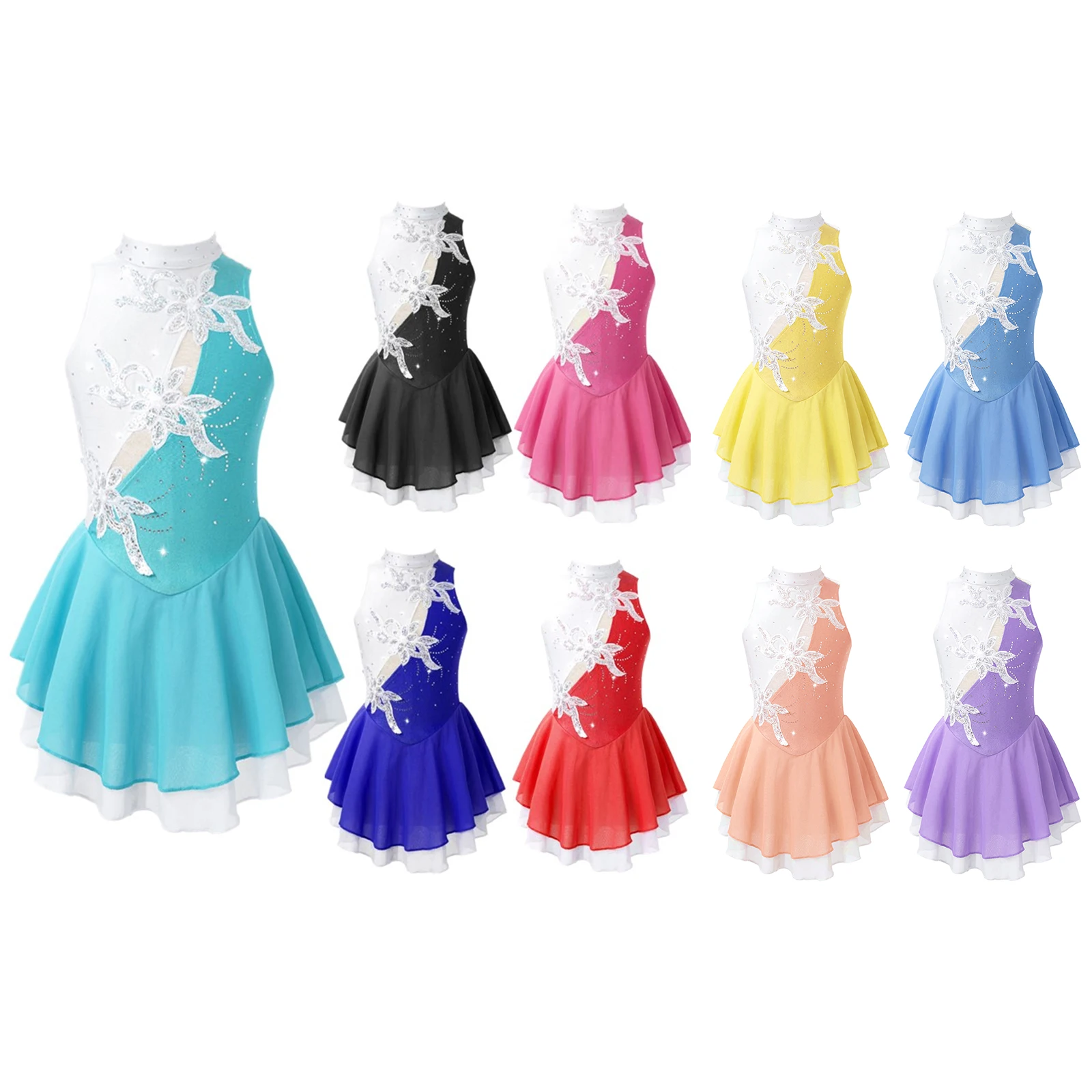 Kids Girls Ballet Dance Dress paillettes lucide senza maniche decorazione floreale Hollow Back ginnastica body pattinaggio artistico vestito da ballo