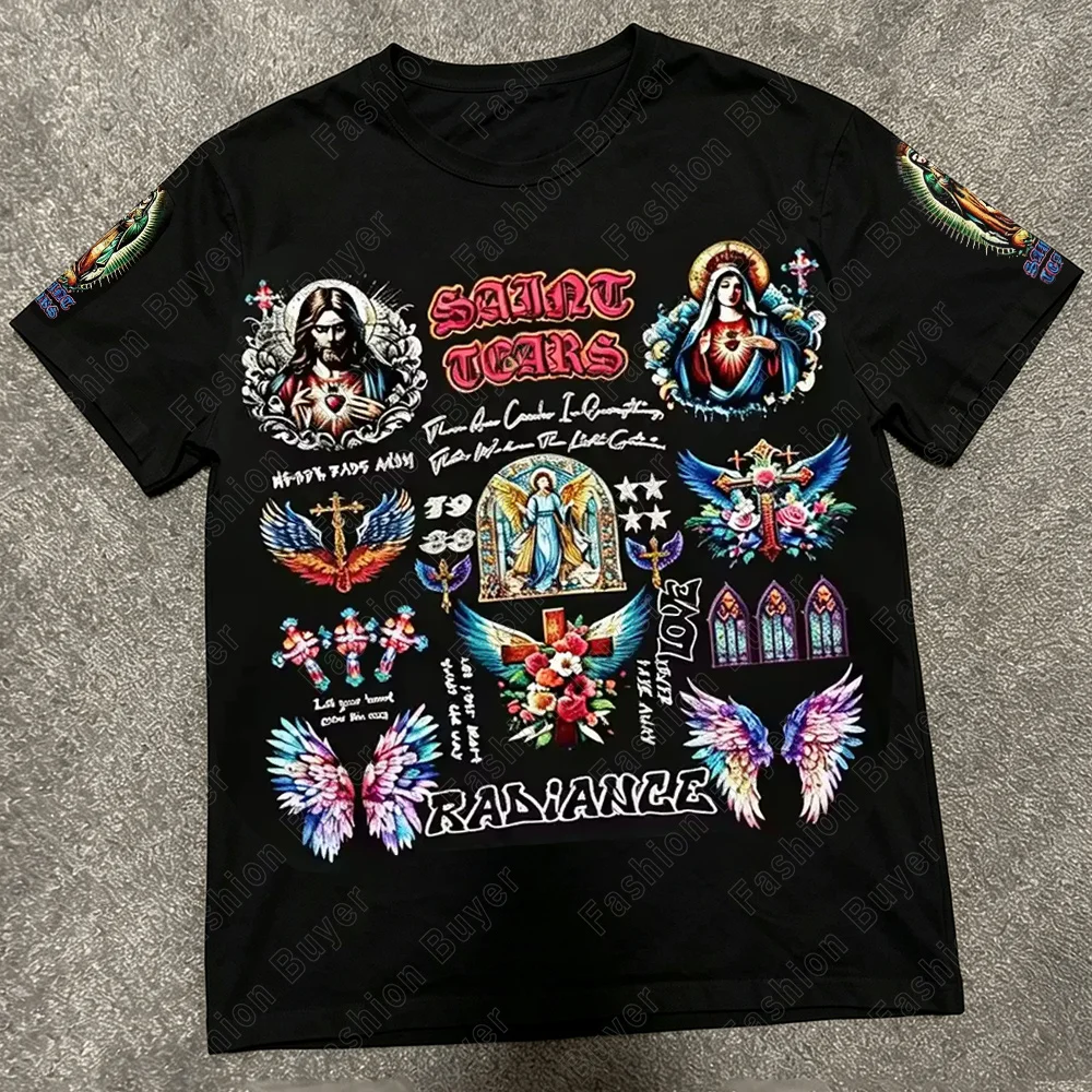 Retro-style Virgin Mary and Jesus Graphic Print T-Shirt Unisex Short-sleeved Harajuku Street Y2K Casual Fashion Tops Cloths