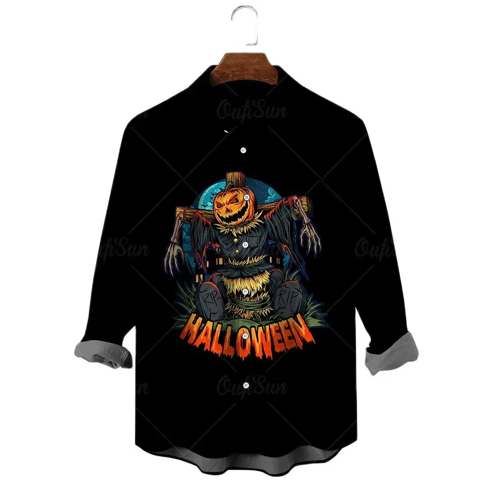 Autumn Black Shirts For Men Halloween Pumpkin Lantern Printed Long-sleeved T shirt Fashion Trend Lapel Shirt Unisex Leisure Tops