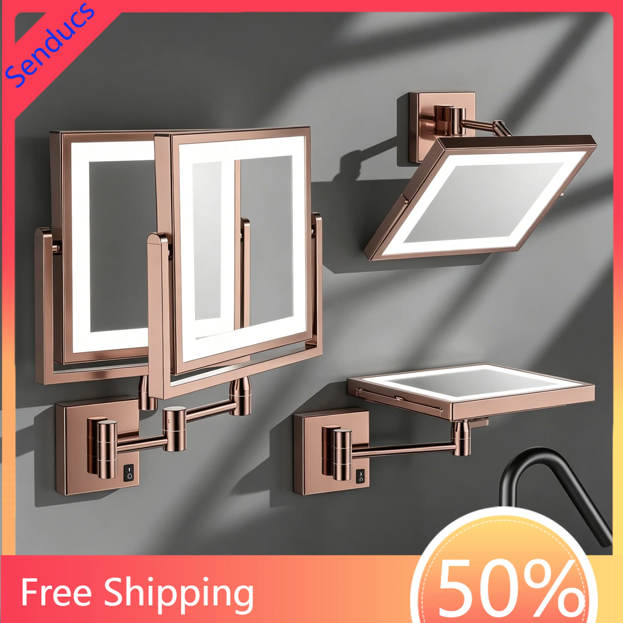 

Extendable Dual Arm LED Bathroom Mirror 3X Magnification Double Sided Folding Wall Mounted Rose Gold Bath Makeup Vanity Mirror
