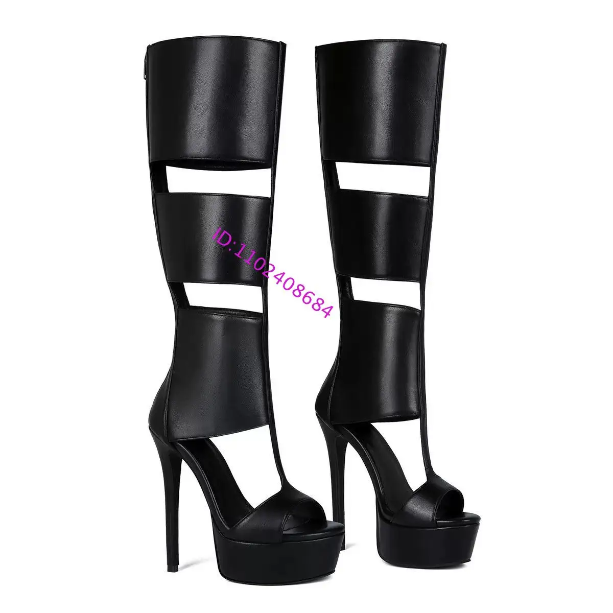Design Women Summer Sexy Open Toe Wide Striped Stiletto Heels Platform Knee High Sandal Boots Sexy Lady Platform Sandal Boots