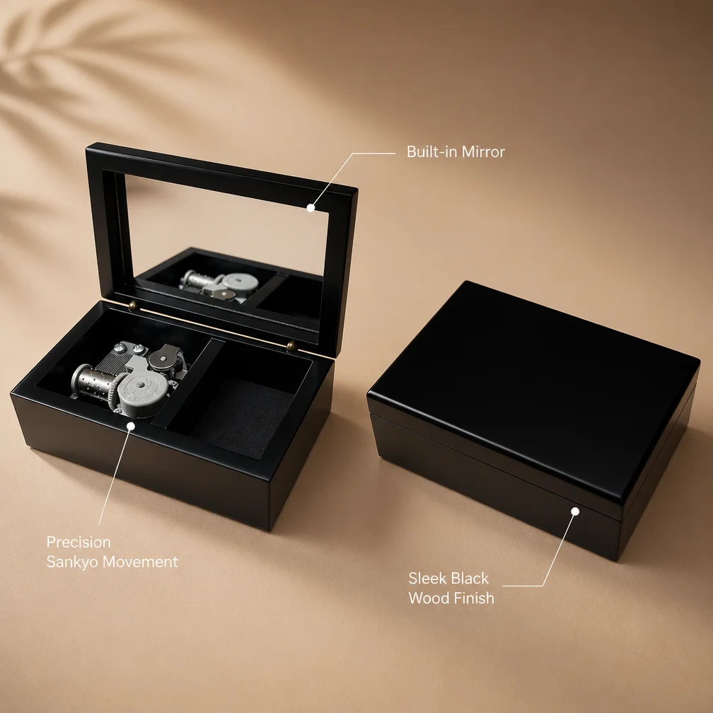 Sleek Black Wooden Music Box Sankyo Movement Canon Jewelry Box with Mirror Gift for Women Birthday Christmas Decor