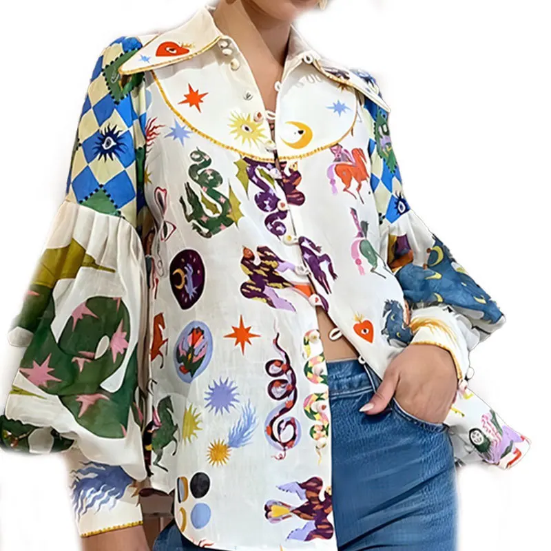 Hoge Kwaliteit 2024 Dames Zomer Nieuwe Losse Casual Cartoon Print Kraag Single Breasted Elegant Lange Mouwen Shirt Blouses Tops