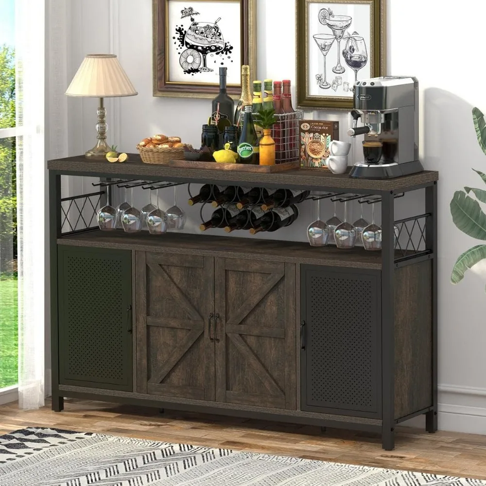 Farmhouse Liquor Cabinet Bar para casa, café grande com armazenamento, aparador buffet rústico com cremalheira do vinho e vidro