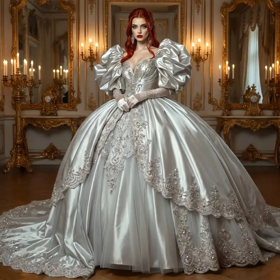 Vampir-Grafin Selina Silbernes Viktorianisches Gotisches Ballkleid mit Puffärmeln, Applikationen und Schnürung, Maßgeschneidertes Cosplay-Abendkleid