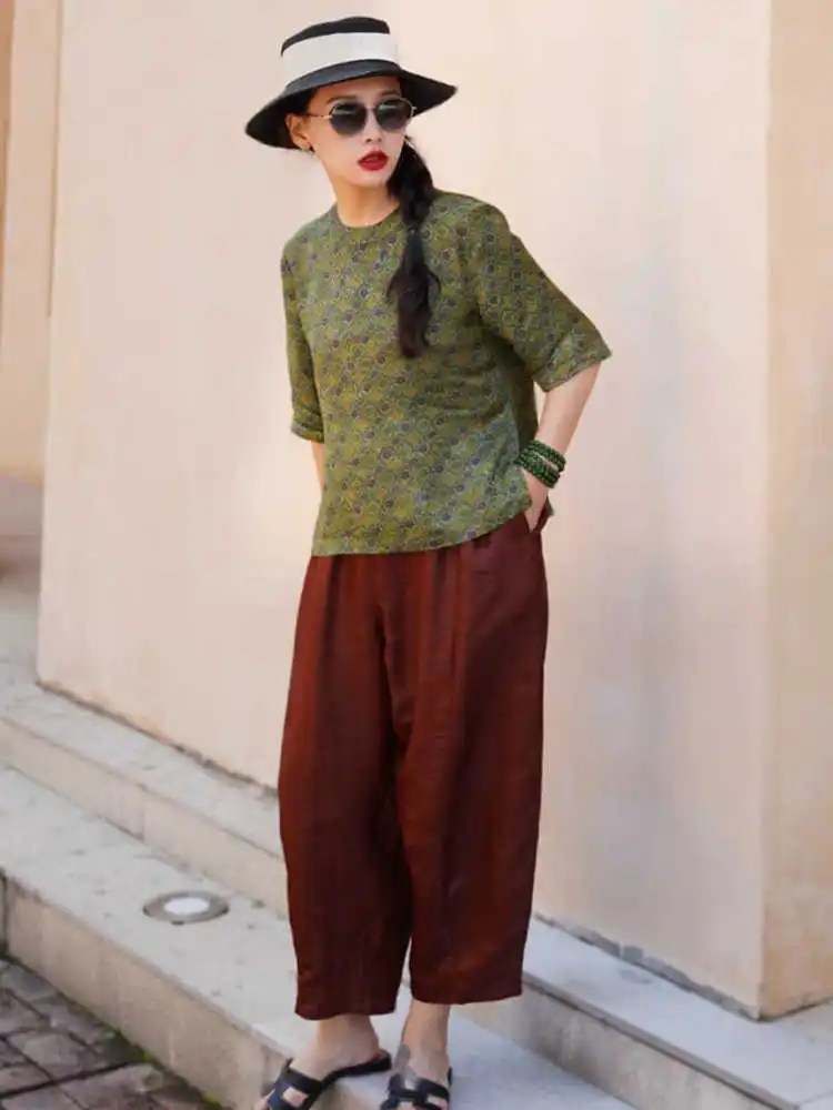 

Шелковые брюки Харлан с высокой талией, красные шелковые повседневные женские длинные брюки с высокой талией для похудения, бамбуковые брюки с вышивкой Le J5078