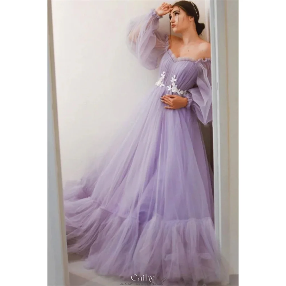 

Cathy Customized Off Shoulder Puffy Sleeves Tulle Prom Dress Elegant A-line vestidos de noiva Floor-length Evening Dresses 2025