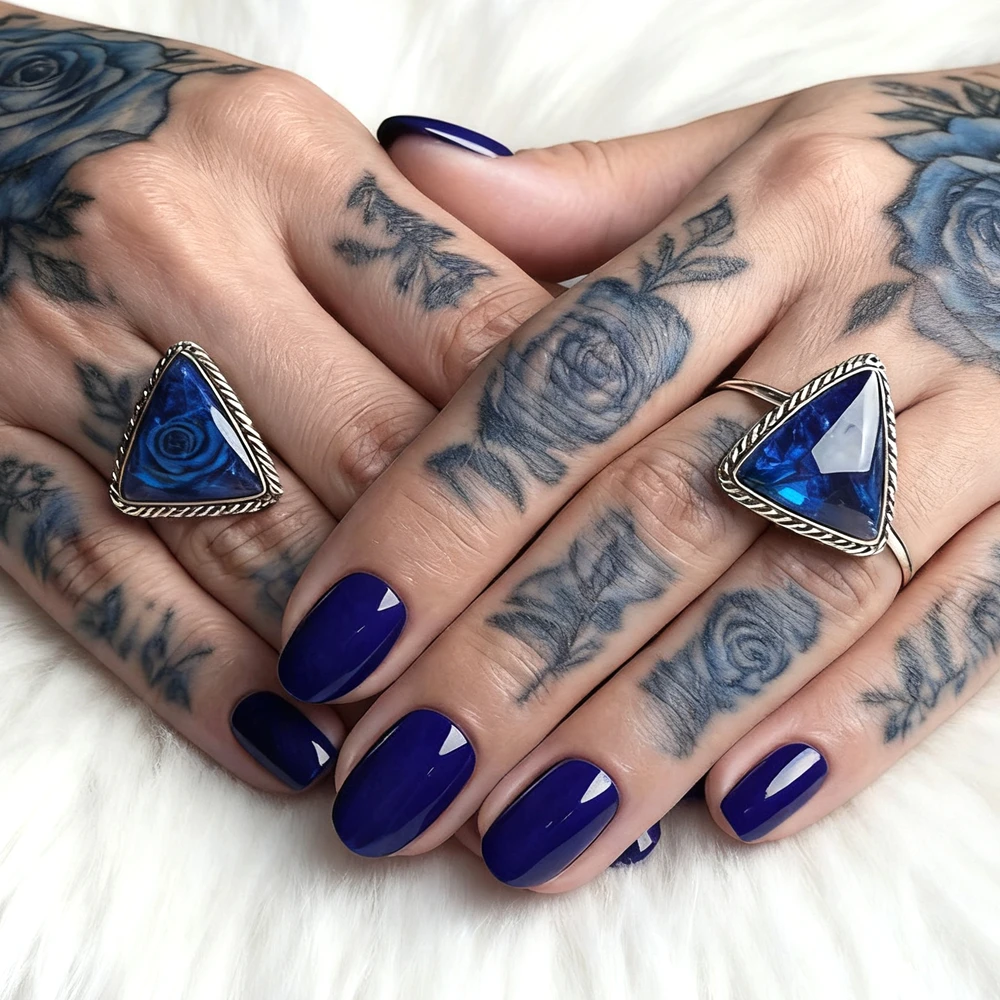 48Pcs Short Fake Nails With Glue Glossy Royal Blue Press On False Nails For Woman DIY Acrylic Finger Tips Manicure Tool