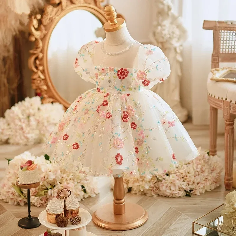 Boutique Kids Wedding Sequins Flower embroidery summer Girl Dress Princess tutu birthday Party Pageant Gown For Children Dresses