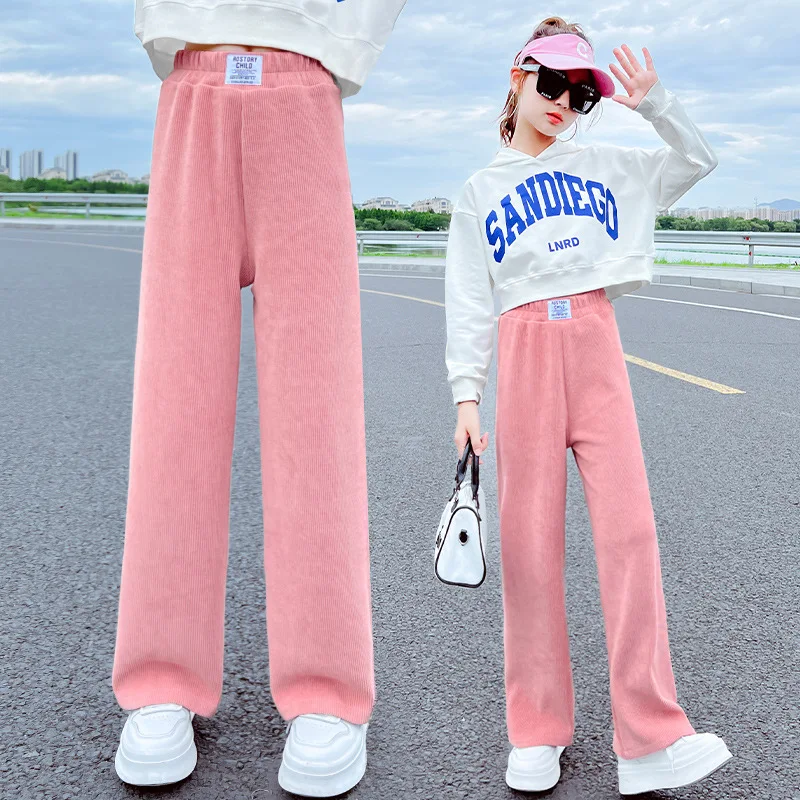 Children's Chenille Pants 2024 Spring Autumn Teen Girls Wide Leg Pants Kids Clothing Casual Loose Girls Chenille Trousers