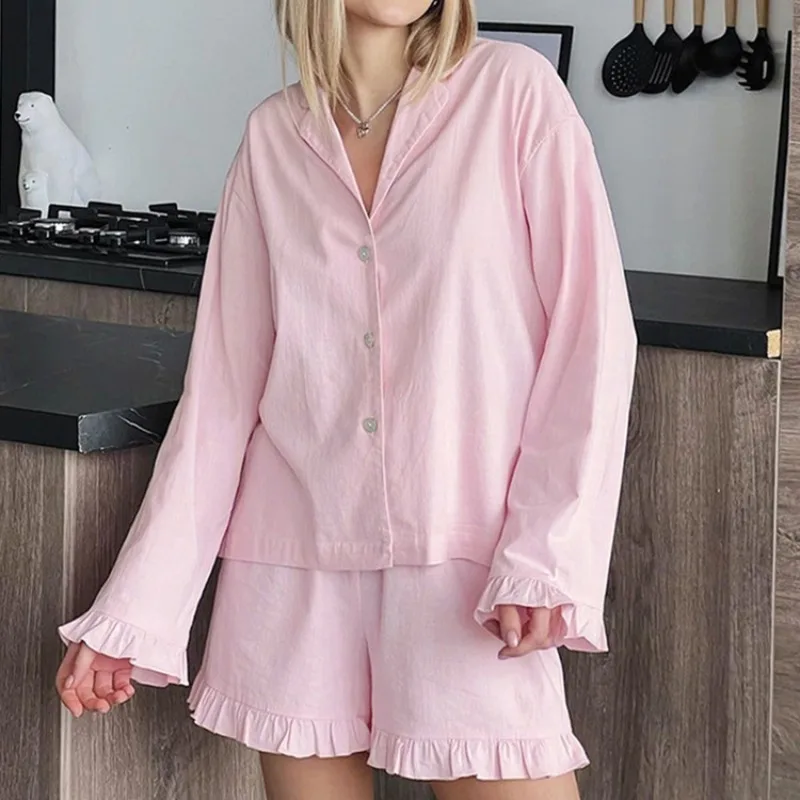 New Women's Pink Cotton Lounge Set Loose Fit Long Sleeve Top Shorts European American Spring Autumn Fashion Sweet Outdoor L Size