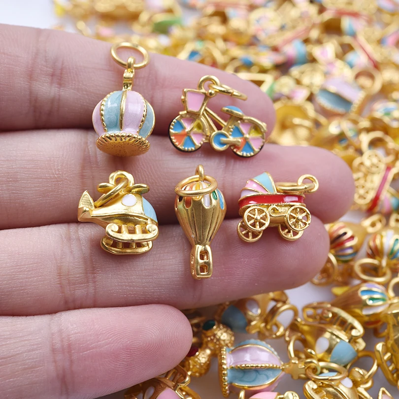 12pcs Mixed Chinese Gold Color Three-Dimensional Cute Enamel Charms For Jewelry Making Supplies Windmill Stroller Pendant Charm