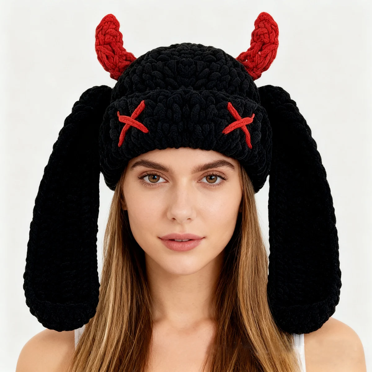 قبعة متماسكة على شكل قرن الشيطان من الكروشيه يدويًا، قبعة صوف عصرية للخريف والشتاء، سميكة ودافئة، ناعمة الملمس، تصميم أرنب طويل الأذن، قبعة عصرية وفريدة من نوعها للطقس البارد، مناسبة لملابس غير رسمية للاستخدام اليومي.