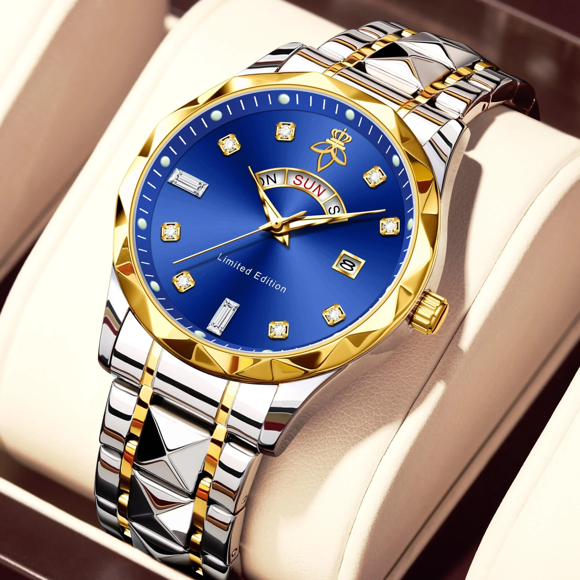 

YaLaLuSi brand high-level business men's quartz watch simple rhombus cut case rhinestone decoration men's leisure Gift Set