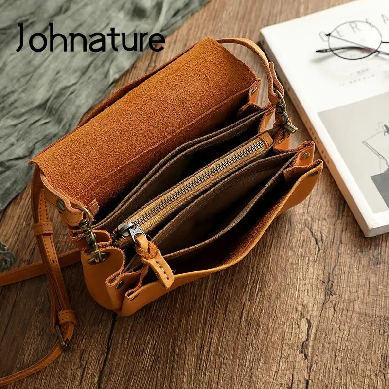 Johnature Genuine Leather Simple Small Crossbody Bags For Women Vintage Versatile Solid Color Natural Soft Cowhide Shoulder Bag