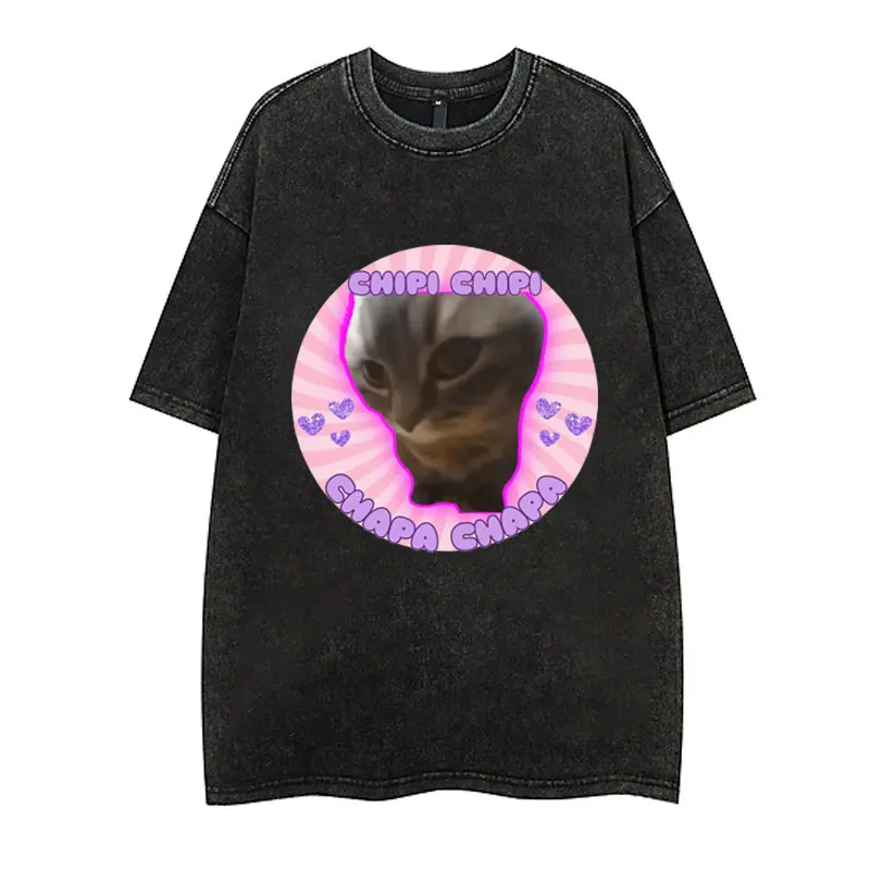 

Wash Vintage Chipi Chipi Chapa Chapa Cute Cat Meme T Shirt Men Women Clothes Funny Graphic T Shirts Kawaii Washed Worn T-shirts