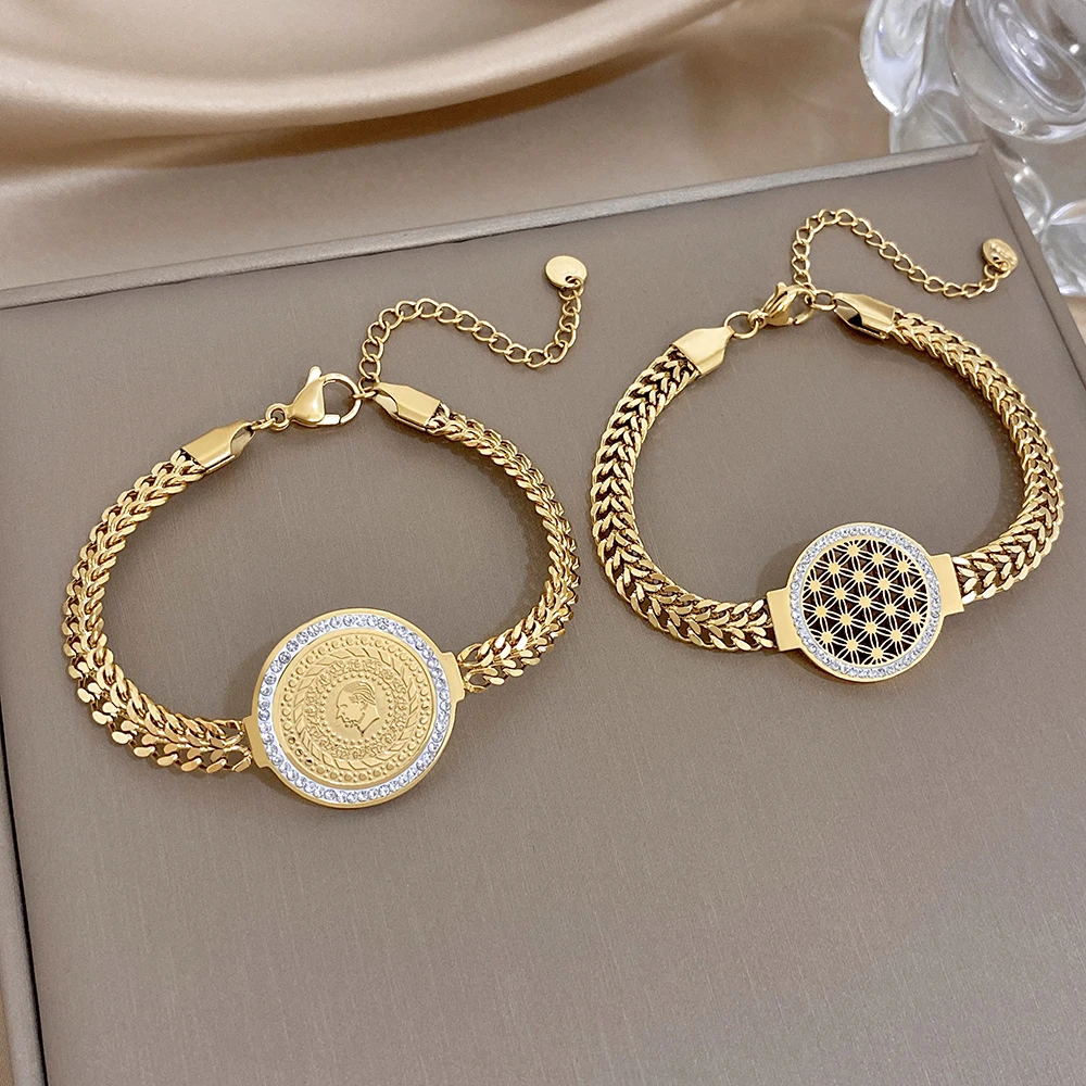 Vintage Gold Color Stainless Steel Braided Chain Bracelets for Women Punk Inlaid Rhinestone Statue Round Charm Bangle Wholesale
