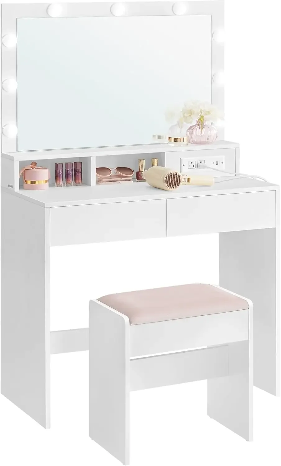 VASAGLE Vanity Desk with Power Outlets, Makeup Vanity with Mirror and Lights, with Upholstered Vanity Stool, 9 Dimmable LED Ligh