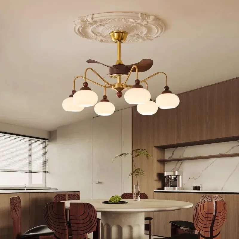 Mid-Century Style 22 Inch Ceiling Fan light Nordic wooden glass Fan chandelier Bedroom Living room Remote Control Reversal lamp
